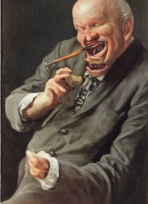 Prompt: Portrait of Duncan Trussel laughing demonically while smoking a pipe. Disturbing