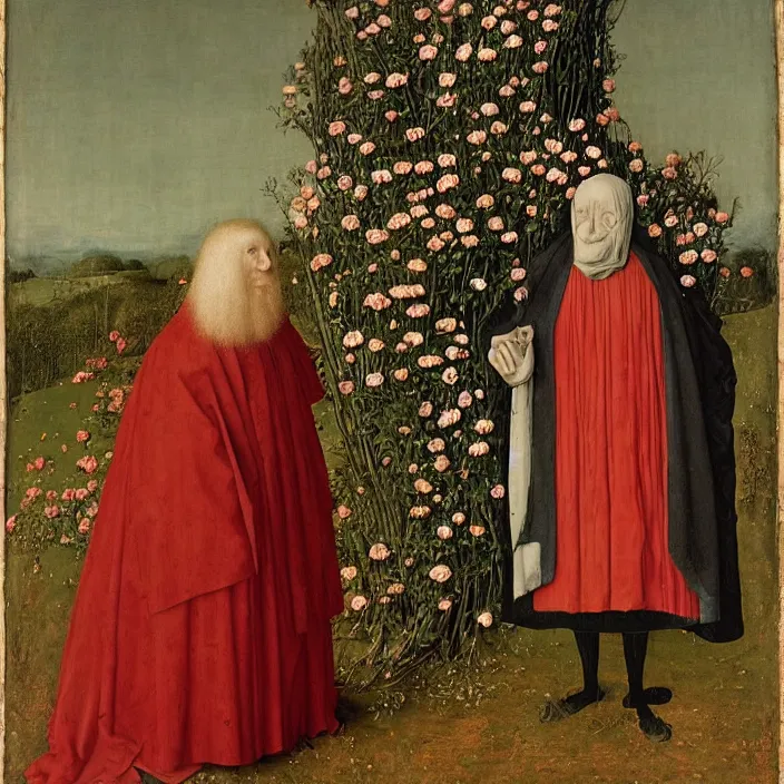 Image similar to a woman wearing a hooded cloak made of flowers, standing next to a creepy old man, by Jan van Eyck