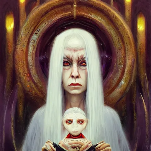 Image similar to portrait of small, cute, rubbery, huge-eyed, big-lipped albino mutant priestess with elaborate white hair with serious expression; science fiction concept art by Anato Finnstark, Margaret Keane, Greg Rutkowski