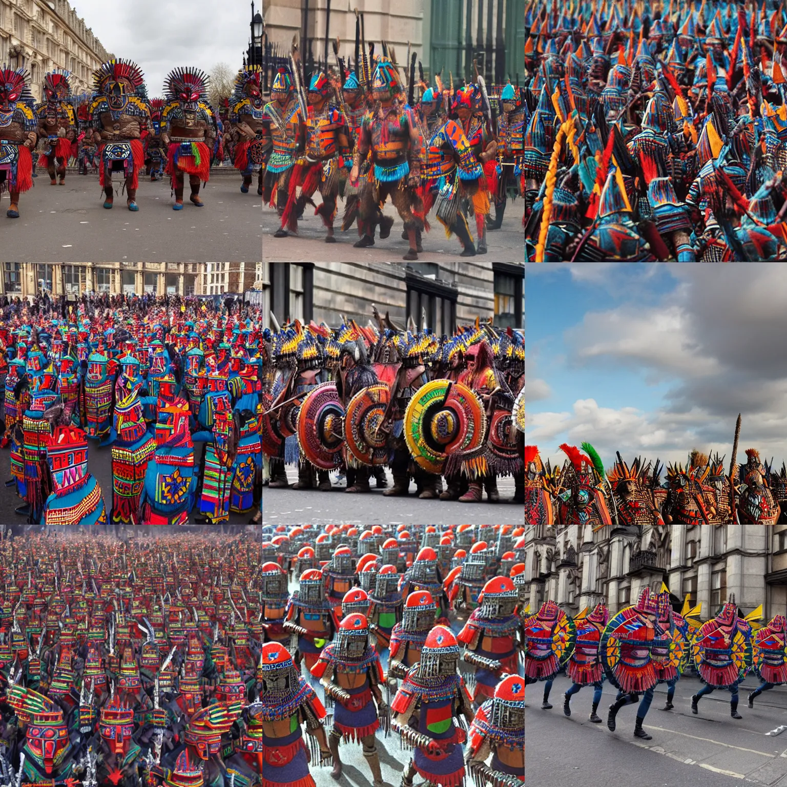 Prompt: High quality colour photograph of an Aztec army invading London