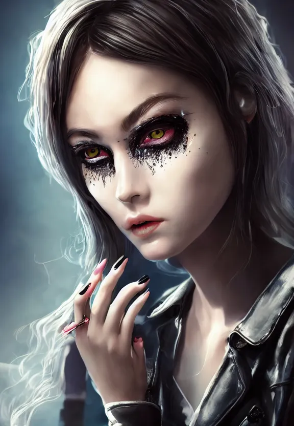 Image similar to full body illustration of girl with eyes that burn like cigarettes wearing a short skirt and a long jacket with fingernails that shine like justice, dramatic lighting, photorealistic, full body portrait, detailed anatomy, extreme detail, 4 k, colorful, artgerm and ben lo, octane render, detailed face, f / 2. 8