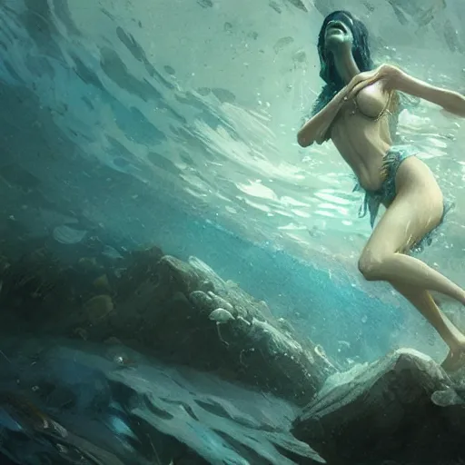 Image similar to a sirene under water, greg rutkowski, 8 k, shallow depth of field, intricate detail, concept art,