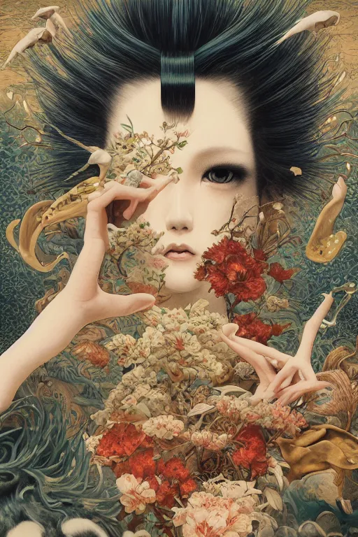 Image similar to a cover of japanese art magazine about animal by illustrated by miyazaki by karol bak, james jean, tom bagshaw, rococo, sharp focus, trending on artstation, cinematic lighting, hyper realism, octane render, 8 k, hyper detailed, vivid, ultra detailed, highly detailed