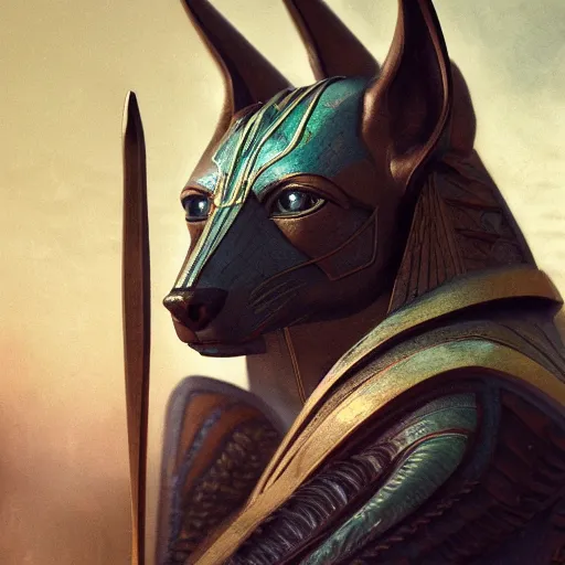 Image similar to portrait of anubis, intricate artwork, concept art, octane render, deviantart, cinematic, key art, hyperrealism, iridescent accents, portrait photograph, nikon 3 5 mm, photograph by greg rutkowski