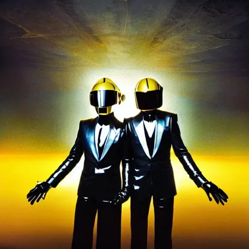 Image similar to photograph of Daft Punk ascending from Heaven to bestow humanity their new album