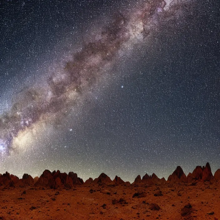 Prompt: Milky Way as seen in the night sky of a distant alien planet with spiky mountain surface, NASA true color photograph, very detailed, 8k resolution