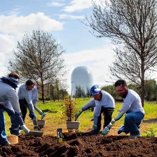 Image similar to a group of workers planting trees in a rural landscape with glowing clean white sci fi containment building in the distance