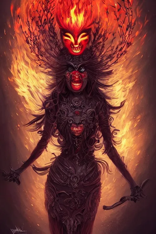 Prompt: full body shot, malevolent witch with glowing eyes facing front laughing maniacally, red hair, crow helmet, floral dress, dead forest on fire, fantasy, intricate, photorealistic, elegant, stylish, highly detailed, digital painting, artstation, concept art, smooth, sharp focus, illustration, art by artgerm and greg rutkowski and terese nielsen