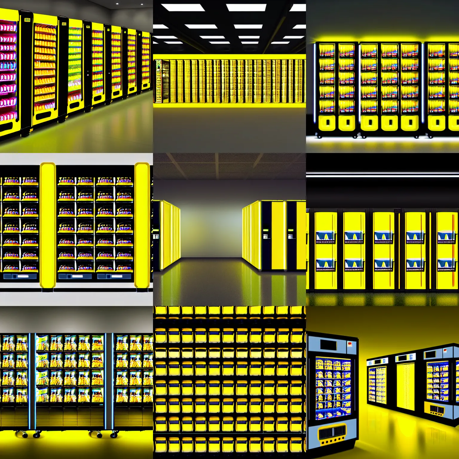 Prompt: liminal space with rows of vending machine, yellow fluorescent light, very photorealistic, detailed