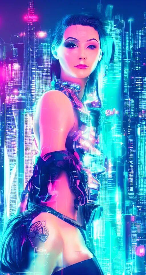 Image similar to Portrait of a beautiful cyberpunk women, city skyline on background, neon lights, glow, retrowave style