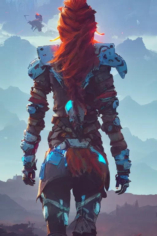 Image similar to combination suit armor aloy horizon forbidden west horizon zero dawn radiating a glowing aura global illumination ray tracing hdr fanart arstation by ian pesty and alena aenami artworks in 4 k tribal robot ninja mask helmet backpack