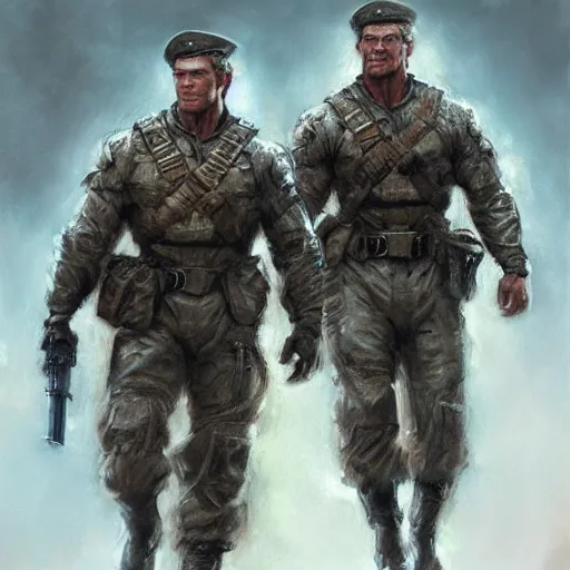 Image similar to Henry Cavill and Arnold Schwarzenegger as soldiers, character art by Donato Giancola, Craig Mullins, digital art, trending on artstation