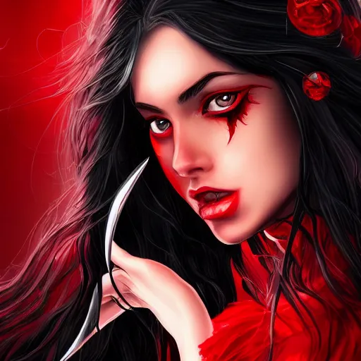 Prompt: stunning comic book style portrait painting of Long Black Haired beautiful woman wearing red dress holding black blade, red eyes, in the style of WLOP, 8k masterpiece, cinematic lighting, pristine clean design, high fantasy, insanely detailed, atmospheric,