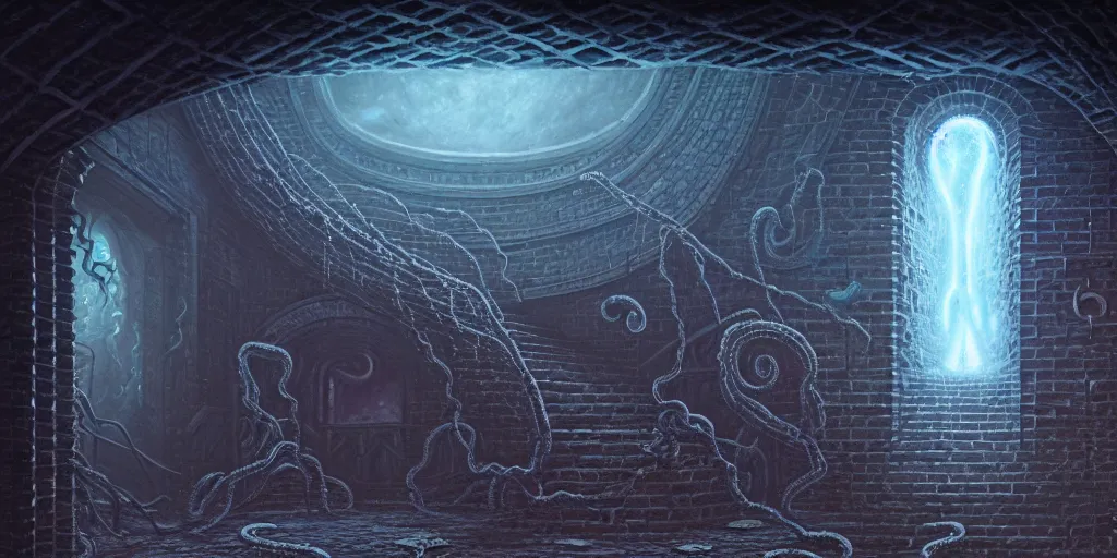 Image similar to a lovecraftian tentacle monster inside of a stone brick room, matte oil painting, staircases, cosmic, concept art, nebula, high fantasy, extremely detailed, disturbing, trauma, award - winning, 4 k, 8 k