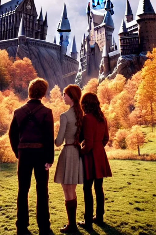 Image similar to Harry, Ron and Hermione looking down at Hogwarts after a long battle, epic, golden hour