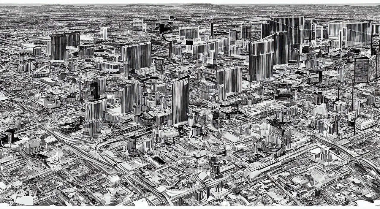 Prompt: las vegas as an axon drawing, in vector drawing style of charles williams