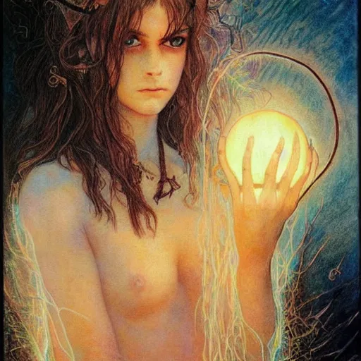 Image similar to Hermione in tattoos Extreamly beautiful Eyes Hypnotic Eyes Emotional Eyes by luis royo and Annie Swynnerton and Nicholas Roerich and jean delville glowing paper lanterns strong dramat