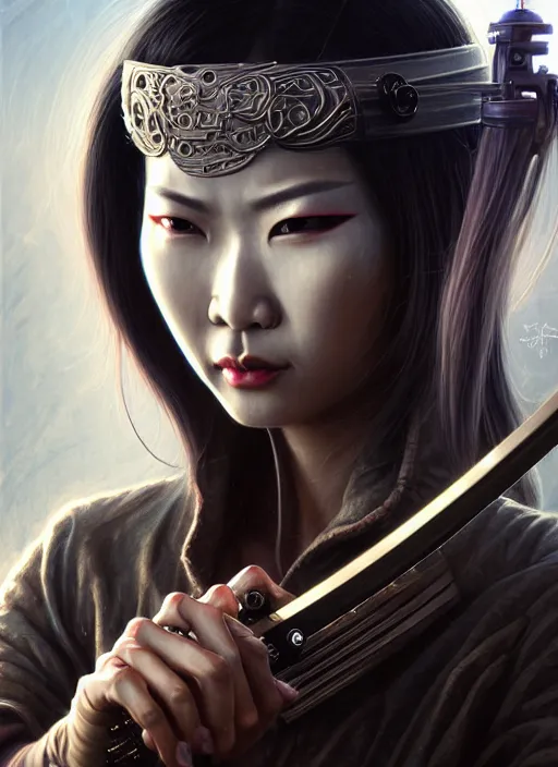 Image similar to closeup portrait shot of an asian cyberpunk female holding a katana, wearing a mask, intricate, elegant, highly detailed, centered, digital painting, artstation, concept art, smooth, sharp focus, illustration, artgerm, tomasz alen kopera, peter mohrbacher, donato giancola, joseph christian leyendecker, wlop, boris vallejo