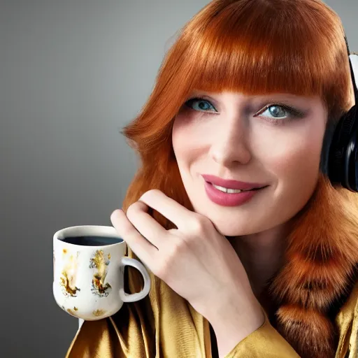Prompt: a stunning hyper - detailed closeup portrait photo of a slender beautiful smiling woman with long ginger hair and bangs, wearing a luxurious silk robe, wearing headphones and posing with her large ginger tabby cat and her raccoon and parrots in an easy chair in her sunlit victorian living room, holding a porcelain coffee mug and a donut, perfect eyes, fashion photo, octane render, unreal engine