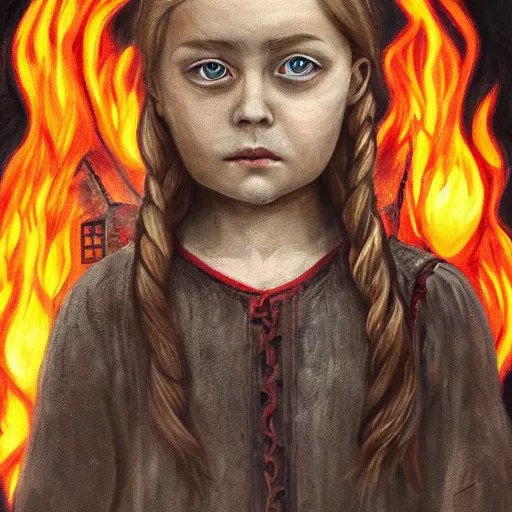 Image similar to detailed portrait of big - eyed nordic sweet little girl looking sad in front of burning house, artistic 4 k, trending on artstation, masterpiece