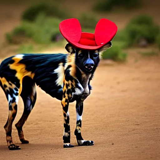 Image similar to A photo of the world's greatest showman: the african wild dog dressed in a hat!