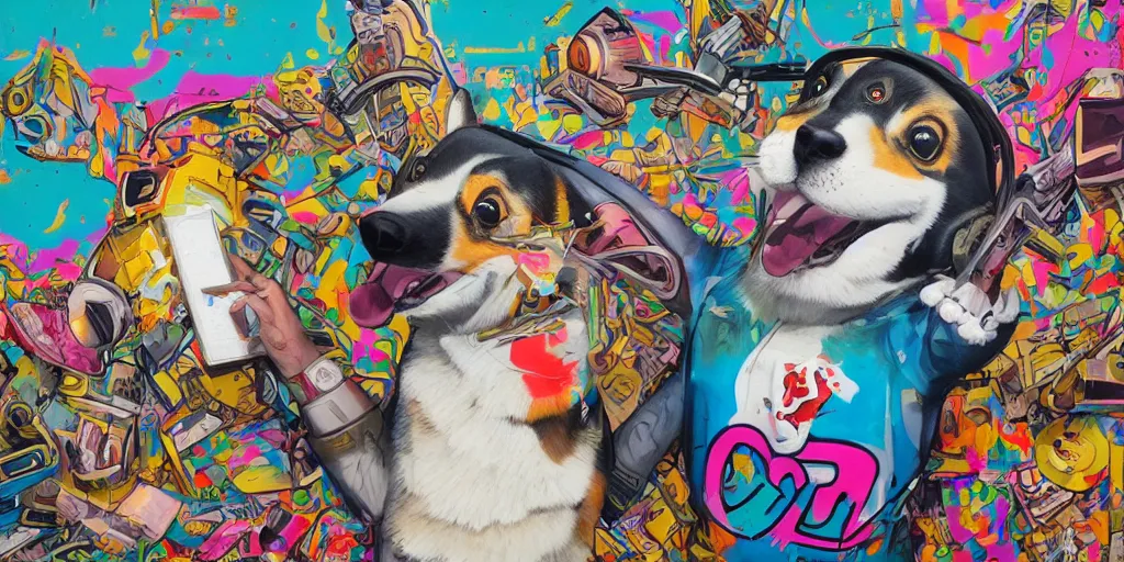 Image similar to beautiful painting of hiphop DJ corgi lofi breakdancing, by Tristan Eaton, James Gurney, greg rutkowski. trending on Artstation, 8k, masterpiece, graffiti paint, fine detail, full of color, intricate detail, golden ratio illustration, corgi