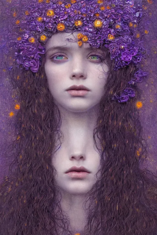 Image similar to portrait of beautiful gothic young mainem, thunderstorm, cyber armor, a lot of scars, more and more flowers, purple head, the middle ages, highly detailed, artstation, illustration, art by jean delville, 8 k quality, art by greg gandy and dragan bibin, gustav klimt