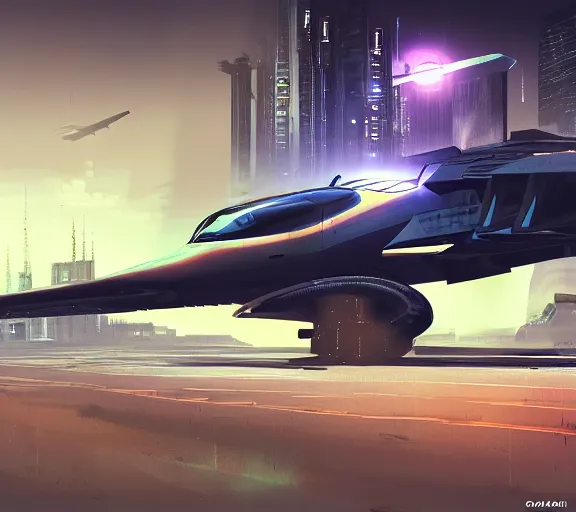 Prompt: futuristic sci fi jet lands at runway of cyberpunk city, night photo ,dark cinematic lighting , digital concept art