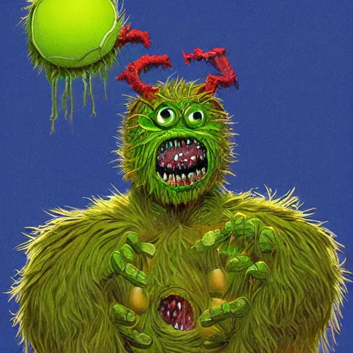 Image similar to a tennis ball monster, digital art, fantasy, monsters, trending on artstation, ultra detailed, professional illustration by Basil Gogos