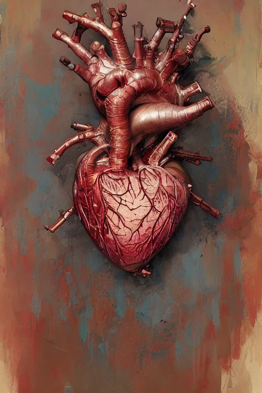 Image similar to accurate anatomical heart imagined as artist's palette, paint, brushes, painted by ruan jia, raymond swanland, lawrence alma tadema, zdzislaw beksinski, norman rockwell, jack kirby, tom lovell, alex malveda, greg staples, artgerm, greg rutkowski and alphonse mucha