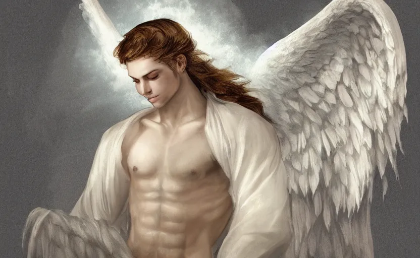 Image similar to a digital concept art of a beautiful male angel wearing white angelic clothes flying among heaven and a detailed face