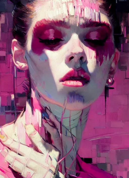 Image similar to portrait of a beautiful girl, haute couture, eyes closed, open mouth, shades of pink, beautiful face, rule of thirds, intricate outfit, spotlight, by greg rutkowski, by jeremy mann, by francoise nielly, by van gogh, digital painting