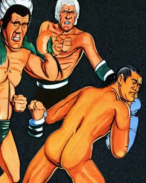 Image similar to incredible realistic antonio inoki vs ric flair, ( hyperreal detailed facial features and uv lighting, art by ed roth and basil wolverton )