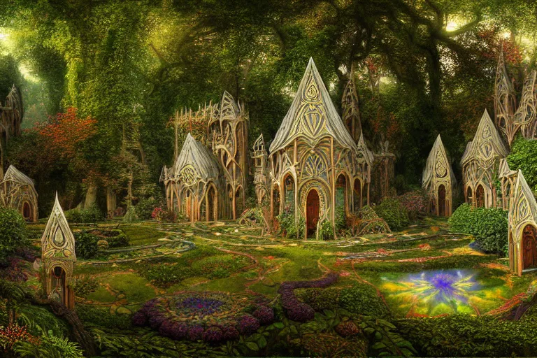 Image similar to a beautiful and highly detailed digital painting of an elven palace in a beautiful garden in a mystical forest, nargothrond, psychedelic patterns, celtic designs, intricate details, epic scale, cgsociety, 8 k, sharp focus, hyperrealism, by caspar friedrich, albert bierstadt, james gurney, brian froud,