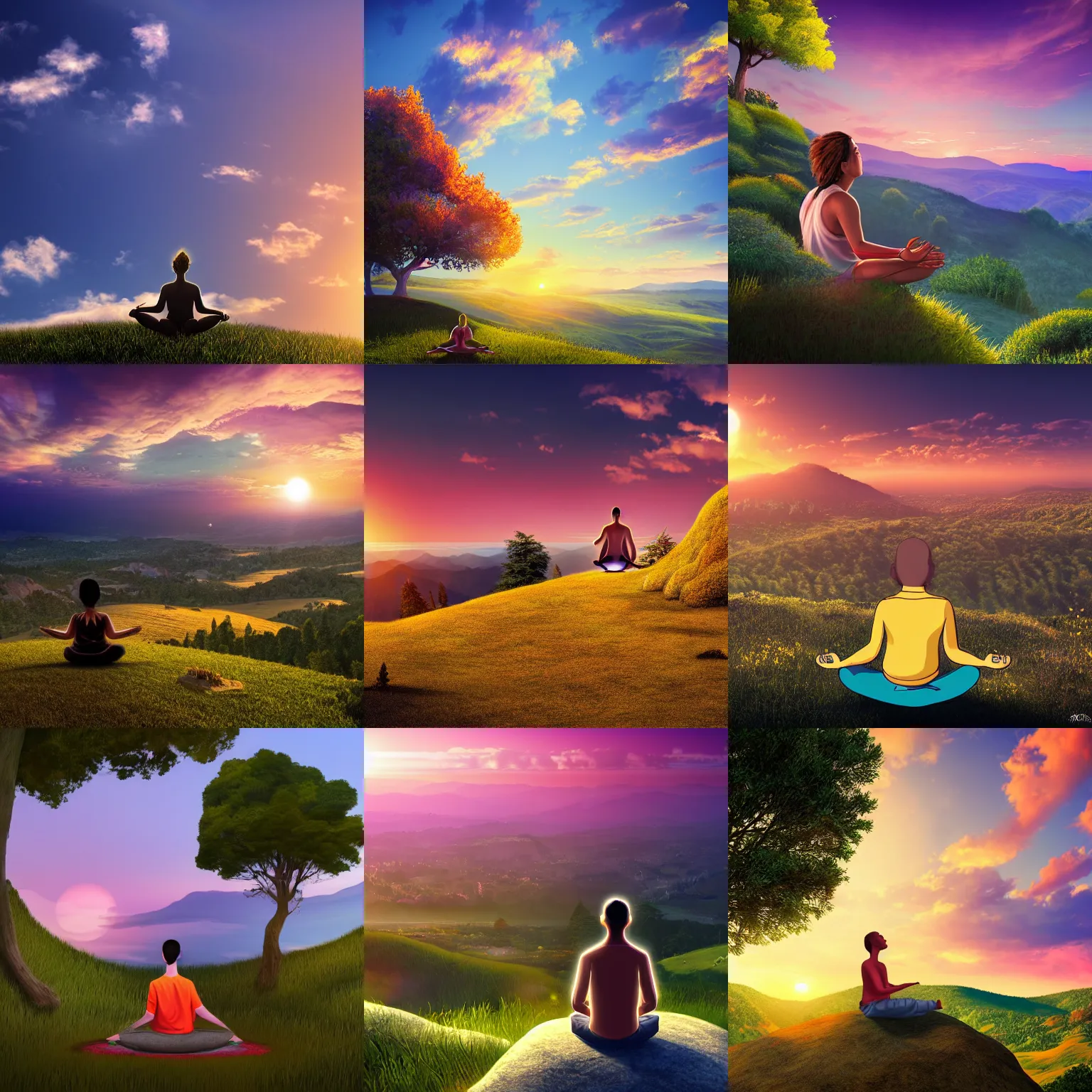 Prompt: a super wide photo of a person meditating on a beautiful hill looking towards the sunset, whimsical, in complete bliss, serenity, wind, psychedelic, trending on artstation, highly detailed, 8 k