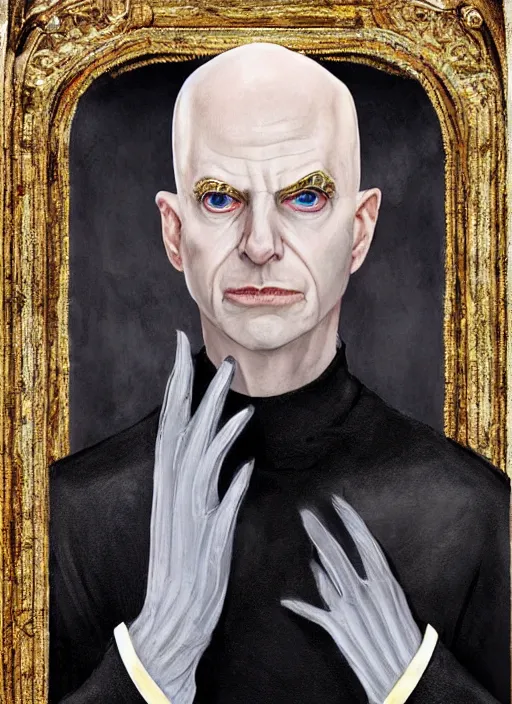 Prompt: a bald pale ninety year old sorcerer. stately and dour. eyeliner accentuates his sunken eyes. a high black turtleneck. opulent white golden red robe. white leather gloves with gold decoration, sharp focus, a downcast shadow, his hands crossed in front of his displeased face, illustration, digital painting, art by magali villeneuve