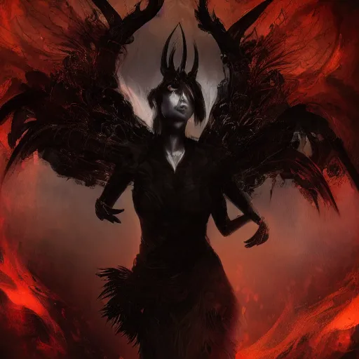 Prompt: 3 d rendered digital art by bastien lecouffe deharme of a eldritch fallen angel, black spidery mist, billowing shadows and black feathers, black halo nimbus, devils horns, dante's inferno, 8 k dop dof