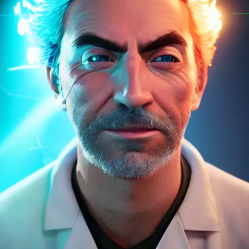 Image similar to portrait art of rick sanchez, lab coat, unibrow, 8 k ultra realistic, lens flare, atmosphere, glow, detailed, intricate, full of colour, cinematic lighting, trending on artstation, 4 k, hyperrealistic, focused, extreme details, unreal engine 5, cinematic, masterpiece