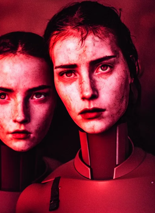 Prompt: cinestill 5 0 d photographic portrait of two intimate female androids wearing rugged black sexy techwear on a desolate plain with a red sky, extreme closeup, modern cyberpunk, dust storm, 8 k, hd, high resolution, 3 5 mm, f / 3 2, ultra realistic faces, ex machina, blade runner