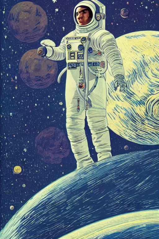 Prompt: an epic russian 1950s propaganda poster of a futuristic astronaut standing on an airless icy planet in the endless starry night of space, detailed, soft focus, brilliant, 4k, 8k, HD, trending on artstation, illustration by Moebius