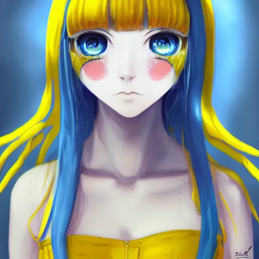 Prompt: a portrait of anime ukrainian blue and yellow girl, scared, concept art, trending on artstation, highly detailed, intricate, sharp focus, digital art, 8 k