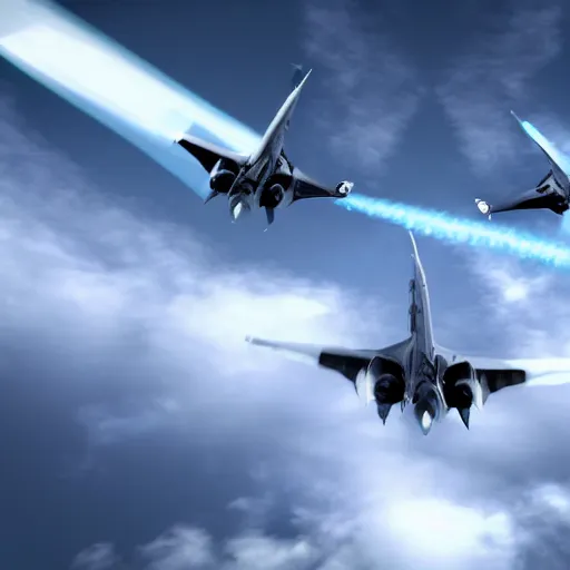 Prompt: two jets, flying towards each other, parallel planes, blue explosion in the background, realistic, 4 k, hdr, cinematic scene, clouds, movie scene