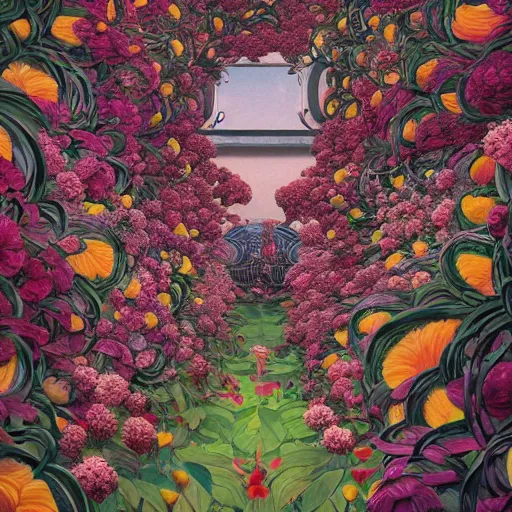 Prompt: hyper detailed illustration - surreal flowers bushes everywhere, long petals, entangled foliage, glowing blossoms, huge blossoms, generative art by James Jean, Masterpiece, Edward Hopper and James Gilleard, Ross Tran, Mark Ryden, Wolfgang Lettl, hints of Yayoi Kasuma, surreal