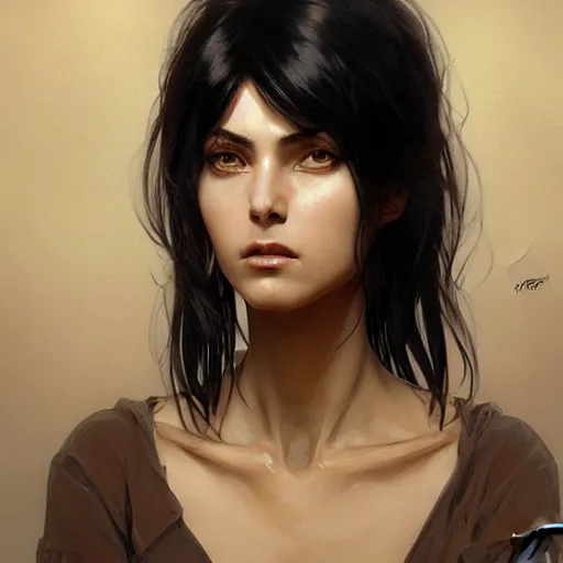 Prompt: sad woman with short, spiky black hair and dark skin, slanted amber eyes, long thin scar on her face. highly detailed, digital painting, artstation, concept art, sharp focus, beautiful face, expressive eyes, illustration, art by Artgerm and greg rutkowski and alphonse mucha