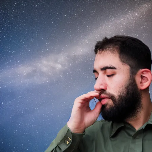 Prompt: a portrait of a man who is covering his ears from a loud rocket launch behind him, 4 k, photography