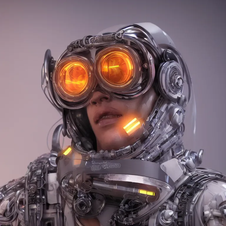 Image similar to octane render portrait by wayne barlow and carlo crivelli and glenn fabry, a cybernetic sythwave cyberpunk futuristic dj with glowing 8 - bit display goggles and a giant clear plastic ventilator mask connected to a long ribbed tube, light from futuristic dj dashboard, cinema 4 d, ray traced lighting, very short depth of field, bokeh