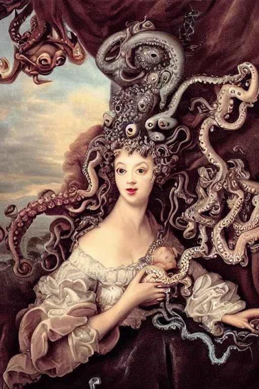 Prompt: a spectacular wideangle shot of a dreaming scary rococo queen with a octopus head, award winning photography