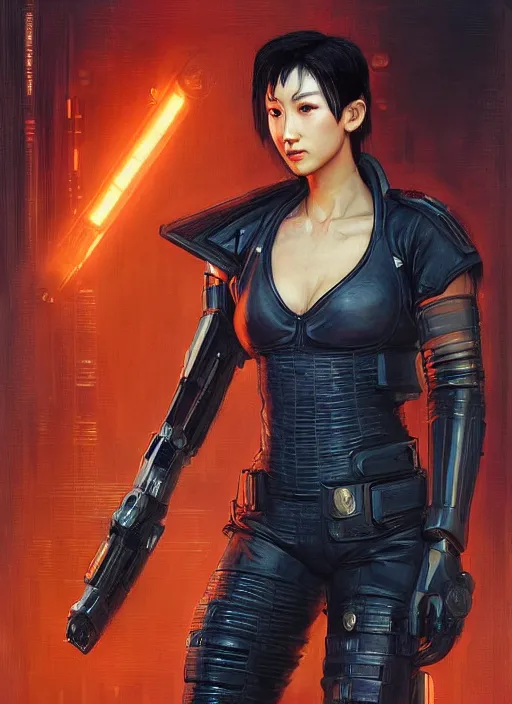 Prompt: chun li. cyberpunk police trooper in a military vest ( blade runner 2 0 4 9, cyberpunk 2 0 7 7 ). orientalist portrait by john william waterhouse and james gurney and theodore ralli and nasreddine dinet, oil on canvas. cinematic, hyper realism, realistic proportions, dramatic lighting, high detail 4 k