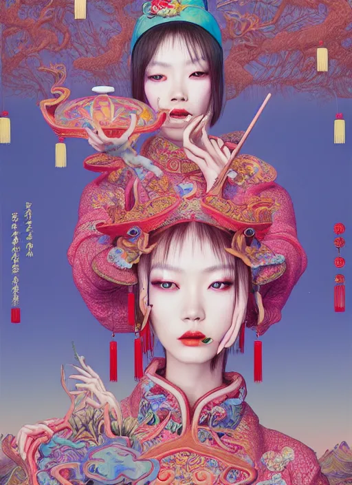 Image similar to pretty chinese model with hallucination mushroom : : by martine johanna and simon stalenhag and chie yoshii and casey weldon and wlop : : ornate, dynamic, particulate, rich colors, intricate, elegant, highly detailed, centered, vogue, fashion magazine, smooth, sharp focus, octane render, 8 k