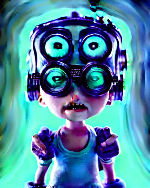 Prompt: a tiny cute cyberpunk monster with goggles cables cords buttons big eyes smiling waving, back view, isometric 3 d, ultra hd, character design by mark ryden pixar hayao miyazaki, unreal 5, daz, hyperrealistic, octane render, cosplay, rpg portrait, direct lighting, intricate detail, in the spotlight, cinematic, symmetrically isometrically centered